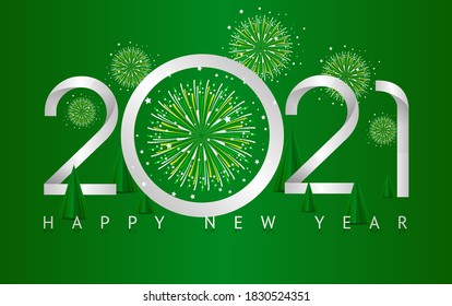 Vector for New Year Celebrate in paper cut style with number 2021 and replace the 0 by Green firework with text Happy New Year on green background