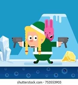 Vector New Year character Snow Maiden with arms and a hare in winter location. For the game, postcard, calendar and other design.