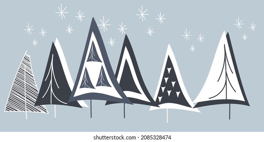 Vector. New Year and Christmas background. Perforated Christmas trees in the Scandinavian style. Winter forest. Hand drawn horizontal christmas card, template, invitation with copy space for text.