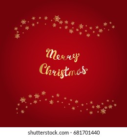 Vector New Year or Christmas Background with Hand Drawn Vector Merry Christmas Text and Golden Snowflakes Border