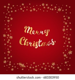 Vector New Year or Christmas Background with Hand Drawn Vector Merry Christmas Text and Golden Snowflakes Border
