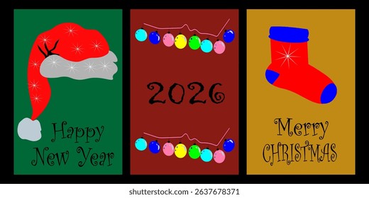 Vector New Year and Christmas banner, artboard, consisting of three cute posters. The posters feature designs of Santa hats, socks and Christmas balls.