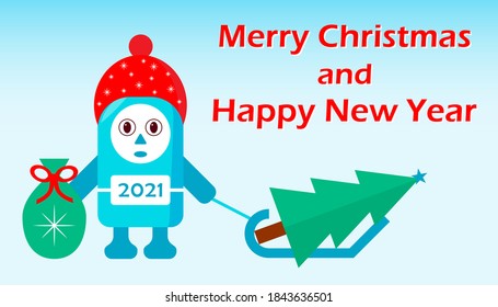 Vector New Year and Christmas card with cartoon funny blue character carrying a Christmas tree and a bag of gifts