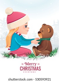 Vector New year Christmas card. Illustration girl with a bear. Cute friendship
