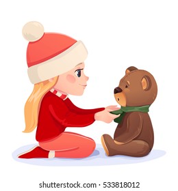 Vector New year Christmas card. Illustration girl with a bear. Cute friendship