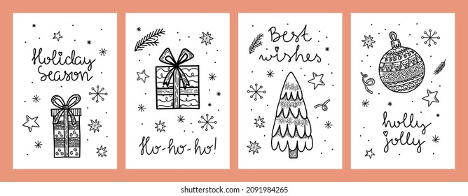 Vector new year Christmas cards with lettering. Christmas decorations. Holiday season, holly jolly, best wishes. Vertical template for social media post
