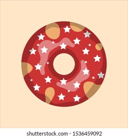 Vector New year and Christmas donut with the red glaze and white candy stars on a pastel peach colored background 