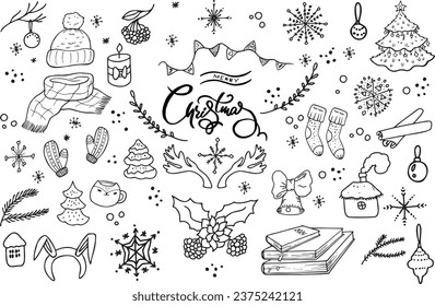 Vector New Year and christmas doodle set. Cozy hat and scarf, Christmas trees, snowflakes, mittens, branches, toys, berries, cup, socks, deer antlers, snowballs on an isolated background.