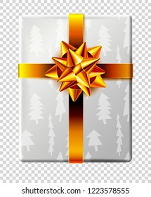 Vector New Year and Christmas gift box. Present box wrapped with silver wrapping paper with Christmas tree pattern and decorated with gold ribbon bow. Isolated on transparent background. Vector image.