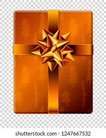 Vector New Year and Christmas gift box. Present box wrapped with golden wrapping paper with Christmas tree pattern and decorated with gold ribbon bow. Isolated on transparent background. Vector image.