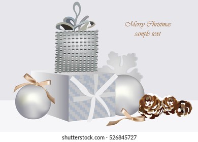 Vector New Year or Christmas greeting card decor composition with baubles and gift box. White background. Place for text. Silver colors