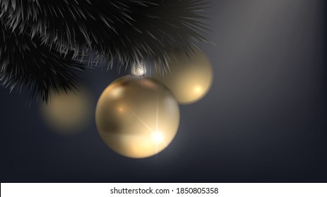 Vector New Year or Christmas illustration with black Christmas tree branches and golden decorative balls