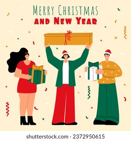 Vector New Year, Christmas illustration of a guy and a girl with gifts, confetti on the background. Banner, image, greeting card.
