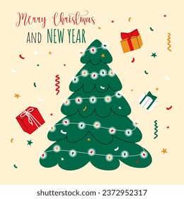 Vector New Year, Christmas illustration of a Christmas tree with garland, gifts and confetti in the background. Banner, image, greeting card.