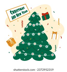 Vektorneujahr, Weihnachtsgrafik eines Weihnachtsbaumes mit Garland, Geschenken und Konfetti im Hintergrund. Banner, Bild, Grußkarte.