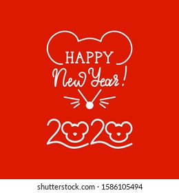 Vector New Year and Christmas lettering composition with a mouse and the phrase "Happy New Year 2020" on a red background. Template for cards, packaging, paper, banner, poster and other use.