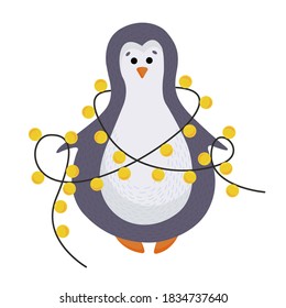 Vector new year and Christmas purple penguin with Christmas lights isolated on a white background. Penguin in flat style. Perfect for Christmas cards and Christmas Souvenirs