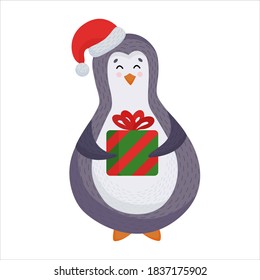Vector new year and Christmas purple penguin with a red Christmas hat and a gift isolated on a white background. Penguin in flat style. Penguin Santa Claus. for Christmas cards and Souvenirs