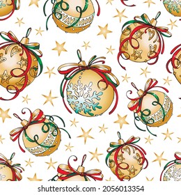 Vector new year or Christmas  seamless pattern. Golden balls with white and gold ornament, decorative bows, stars on white. Holiday colorful design for textile, fabric, wall decor, wrapping paper.
