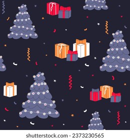 Vector New Year, Christmas seamless pattern with Christmas tree, colorful boxes with gifts and confetti on a blue background. Ideal for prints on clothing, textiles, wallpaper, wrapping paper.