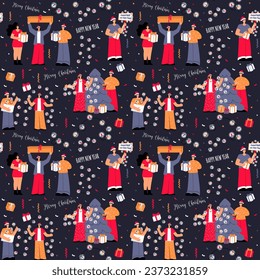 Vector New Year, Christmas seamless pattern with Christmas tree, garlands, boxes with gifts and cheerful people on a blue background. Ideal for prints on clothing, textiles, wallpaper, wrapping paper.