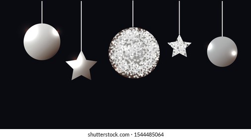 Vector New year or Christmas silver shiny illustration with Christmas balls and stars on black background for postcard, poster, banner. EPS 10.