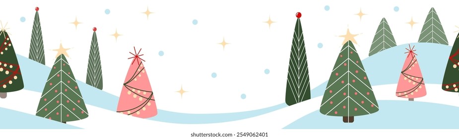 Vector New Year, Christmas, winter season background. Long panoramic horizontal landscape, banner with decorated spruce, fir or noel tree, stars and snow.
