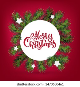Vector new year and Christmas wreath with calligraphy Merry Christmas text. Traditional winter evergreen green branches and white stars, isolated on red background. For greeting card. Happy xmas retro