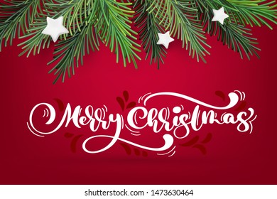Vector new year and Christmas wreath with white calligraphy Merry Christmas text. Traditional winter evergreen green branches and white stars, isolated on red background. For greeting card. Happy xmas
