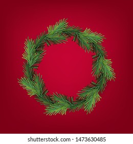 Vector new year and Christmas wreath mesh. Traditional winter evergreen green branches, isolated on red background. For greeting card. Happy xmas retro holiday design