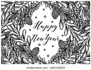 Vector New Year composition with spruce and mistletoe, pine branches, art.t-shirt design, Postcard for you. Handmade. Background white