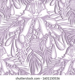 Vector New Year composition with spruce and mistletoe, pine branches, art.t-shirt design. Handmade. Background light, seamless pattern