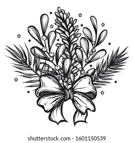Vector New Year composition with spruce and mistletoe, pine branches, art.t-shirt design. Background white, Postcard for you. Handmade
