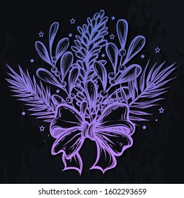 Vector New Year composition with spruce and mistletoe, pine branches, art.t-shirt design, background  chalkboard, Postcard for you. Handmade