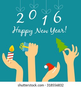 Vector new year concept in flat style. Hands of the people with Christmas attributes are drawn to thread on which hangs an inscription