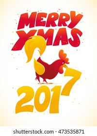 Vector New Year congratulation card design. Rooster, cock portrait cartoon illustration. Holiday postcard. Merry Christmas, happy New Year memory card, advertisement design. Chinese year symbol.