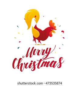 Vector New Year congratulation card design. Rooster, cock portrait cartoon illustration. Holiday postcard. Merry Christmas, happy New Year memory card, advertisement design. Chinese year symbol.