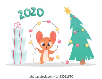 Vector New Year congratulation design. mouse portrait cartoon illustration. Holiday card design element. Merry Christmas, happy New Year 2020 memory card, advertisement design. Chinese year symbol