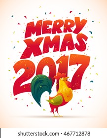 Vector New Year congratulation design. Rooster, cock portrait cartoon illustration. Holiday card design element. Merry Christmas, happy New Year memory card, advertisement design. Chinese year symbol.