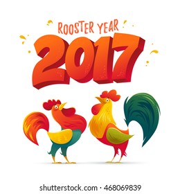 Vector New Year congratulation design. Rooster, cock portrait cartoon illustration. Holiday card design element. Merry Christmas, happy New Year memory card, advertisement design. Chinese year symbol.