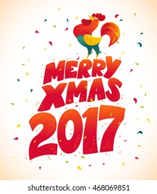 Vector New Year congratulation design. Rooster, cock portrait cartoon illustration. Holiday card design element. Merry Christmas, happy New Year memory card, advertisement design. Chinese year symbol.