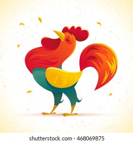 Vector New Year congratulation design. Rooster, cock portrait cartoon illustration. Holiday card design element. Merry Christmas, happy New Year memory card, advertisement design. Chinese year symbol.