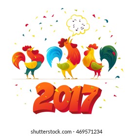 Vector New Year congratulation design. Singing rooster, cock portrait cartoon illustration. Holiday card design element. Merry Christmas, happy New Year card, advertisement design. Chinese year symbol