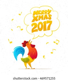 Vector New Year congratulation design. Singing rooster, cock portrait cartoon illustration. Holiday card design element. Merry Christmas, happy New Year card, advertisement design. Chinese year symbol