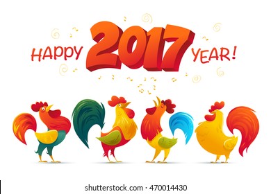 Vector New Year congratulation design. Rooster, cock portrait cartoon illustration. Holiday card design element. Merry Christmas, happy New Year memory card, advertisement design. Chinese year symbol.