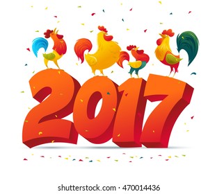 Vector New Year congratulation design. Rooster, cock portrait cartoon illustration. Holiday card design element. Merry Christmas, happy New Year memory card, advertisement design. Chinese year symbol.