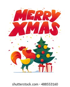 Vector New Year congratulation design. Rooster, cock portrait cartoon illustration. Holiday card design element. Merry Christmas, happy New Year memory card, advertisement design. Chinese year symbol.