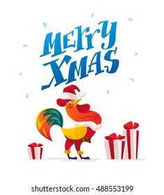 Vector New Year congratulation design. Rooster, cock portrait cartoon illustration. Holiday card design element. Merry Christmas, happy New Year memory card, advertisement design. Chinese year symbol.