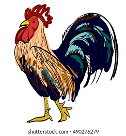 Vector New Year congratulation design. Rooster, cock portrait illustration. Holiday card design element. Merry Christmas, happy New Year memory card, advertisement design. Chinese year symbol.