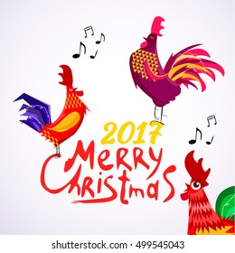 Vector New Year congratulation design. Rooster, cock portrait cartoon illustration. Holiday card design element. Merry Christmas, happy New Year memory card, advertisement design. Chinese year symbol.